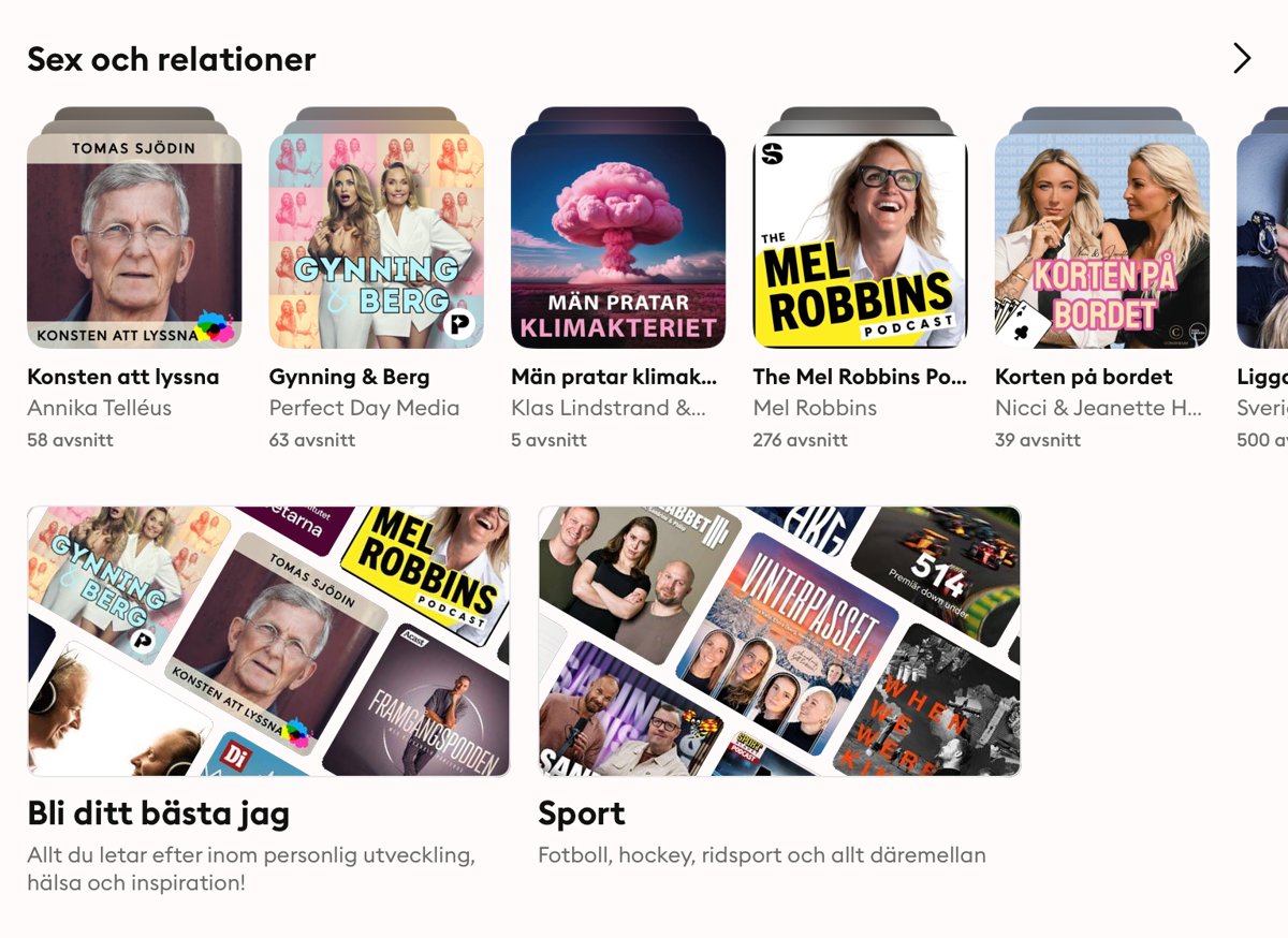 Skärmdump från Storytel där Konsten att lyssna toppar poddkategorierna Sex & relationer och Bli ditt bästa jag